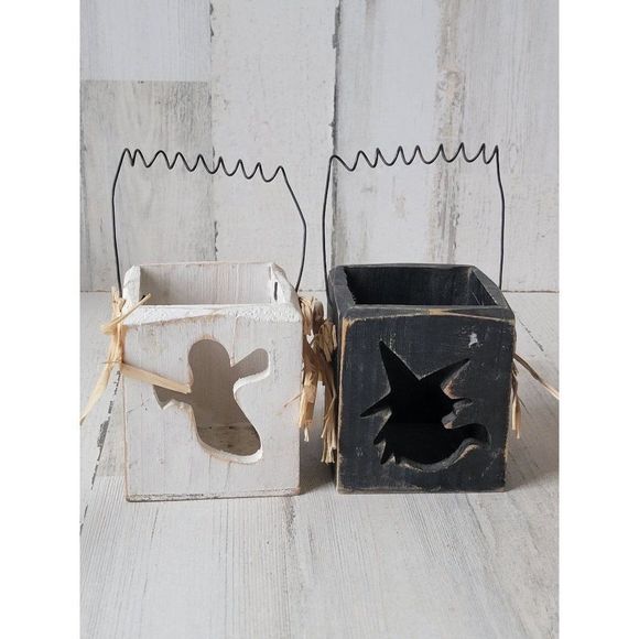 Halloween wooden box ghost witch set home decor figure - Picture 1 of 11